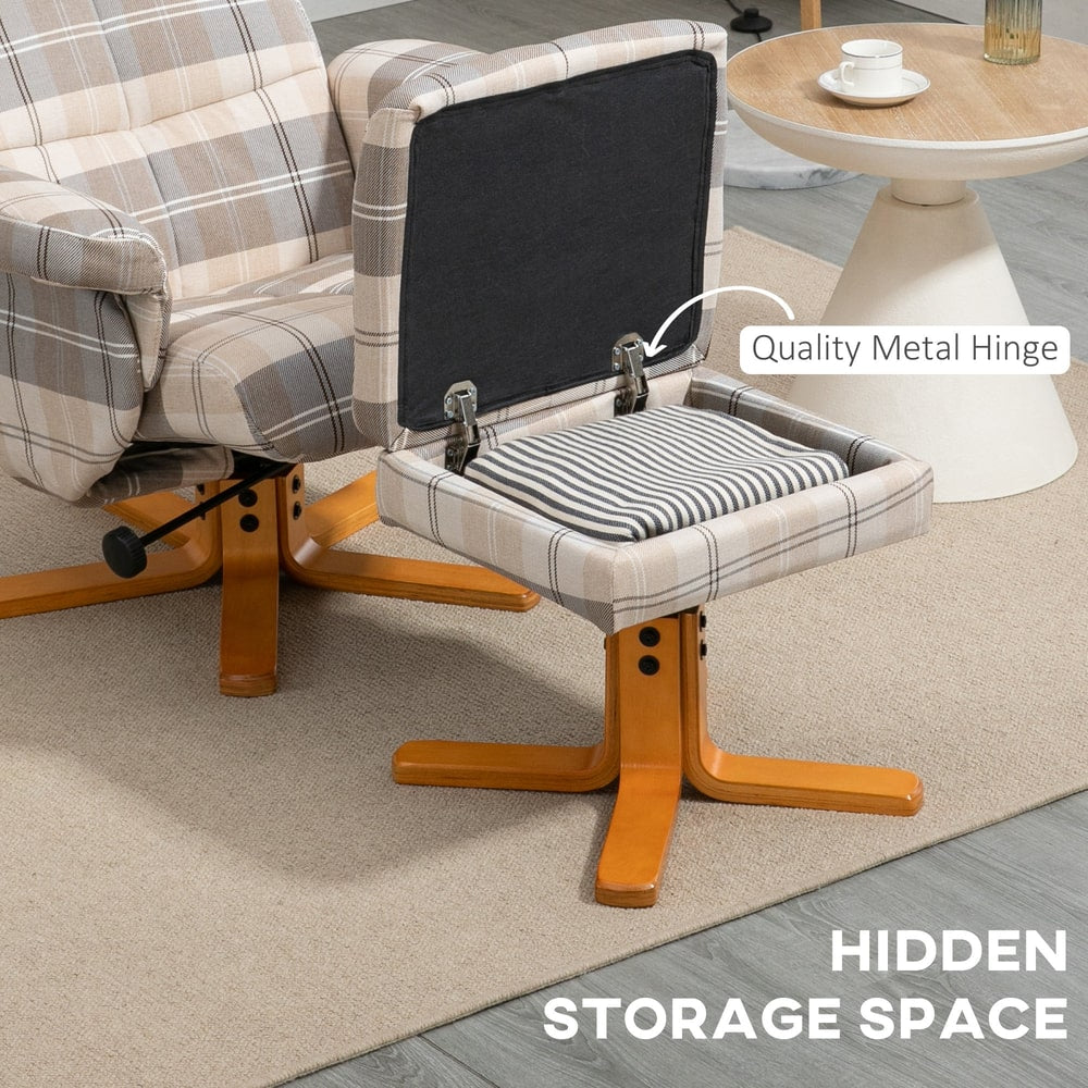 The footstool of the tartan armchair is open showing hidden storage space