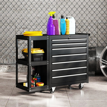 The tool cabinet filled with cleaning supplies and tools in a garage setting