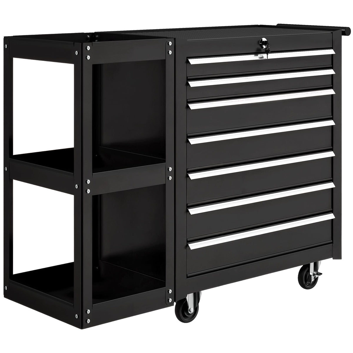 HOMCOM Lockable Steel Tool Chest on Wheels with seven drawers and a side shelving unit