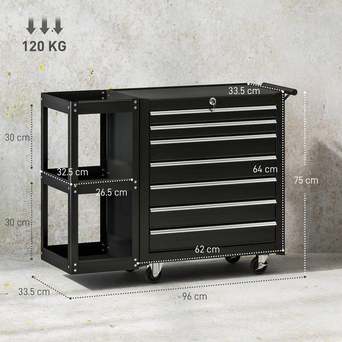 The tool cabinet shown with white dimension lines and arrows indicating its size