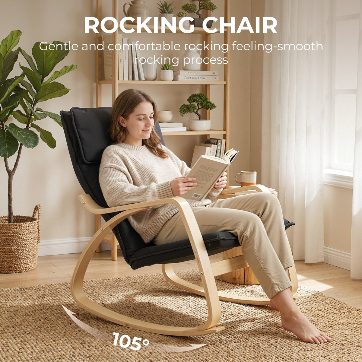A woman reading a book while sitting in the armchair to demonstrate its rocking motion