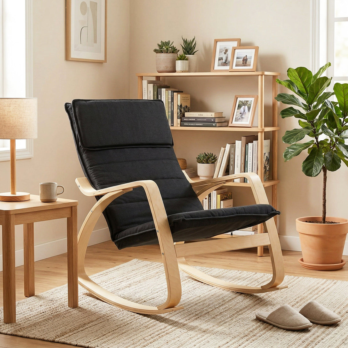 The rocking chair in a living space with a side table and slippers on the floor