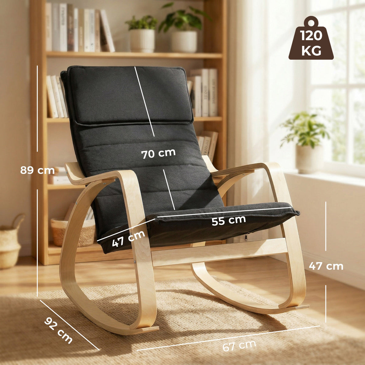 The rocking chair with dimensions shown in white text overlay