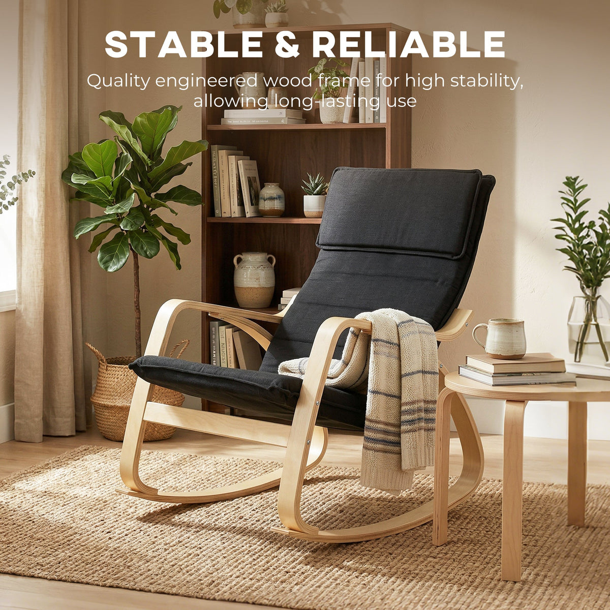 The rocking chair with a stable and reliable engineered wood frame for high stability