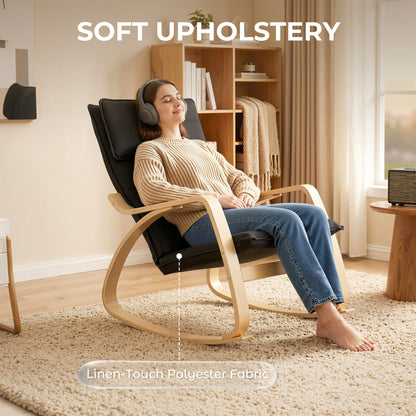 A woman relaxing in the rocking chair with soft upholstery and linen-touch polyester fabric