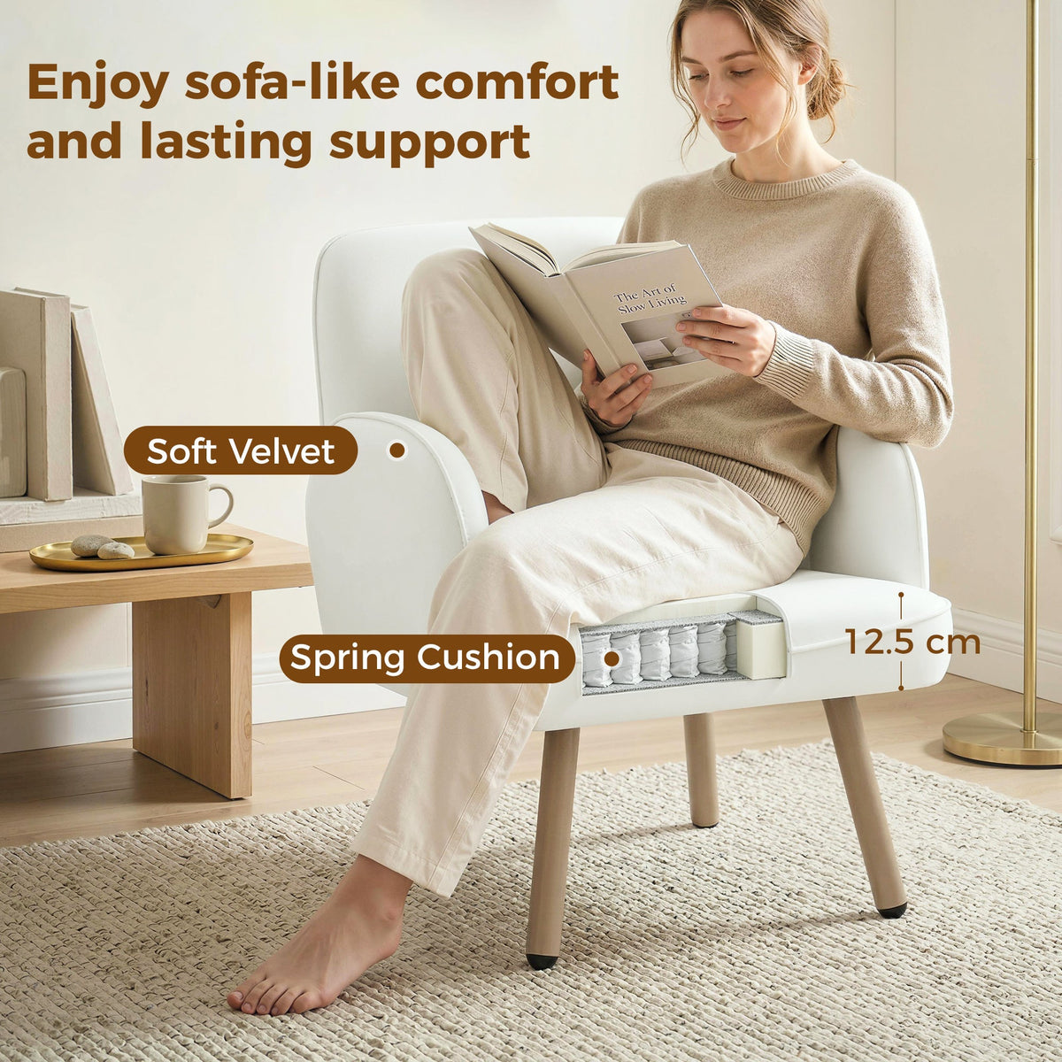 The upholstered armchair with a cutaway section showing the internal spring cushion
