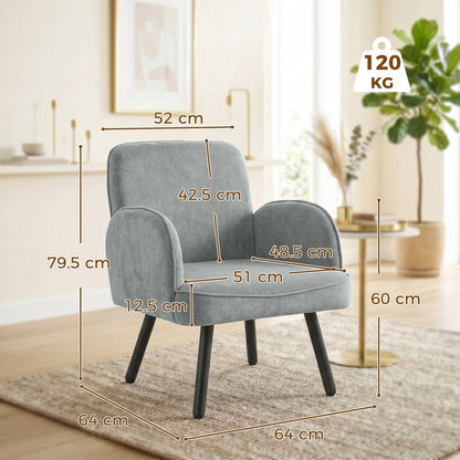 Grey velvet armchair with dimensions shown in cm