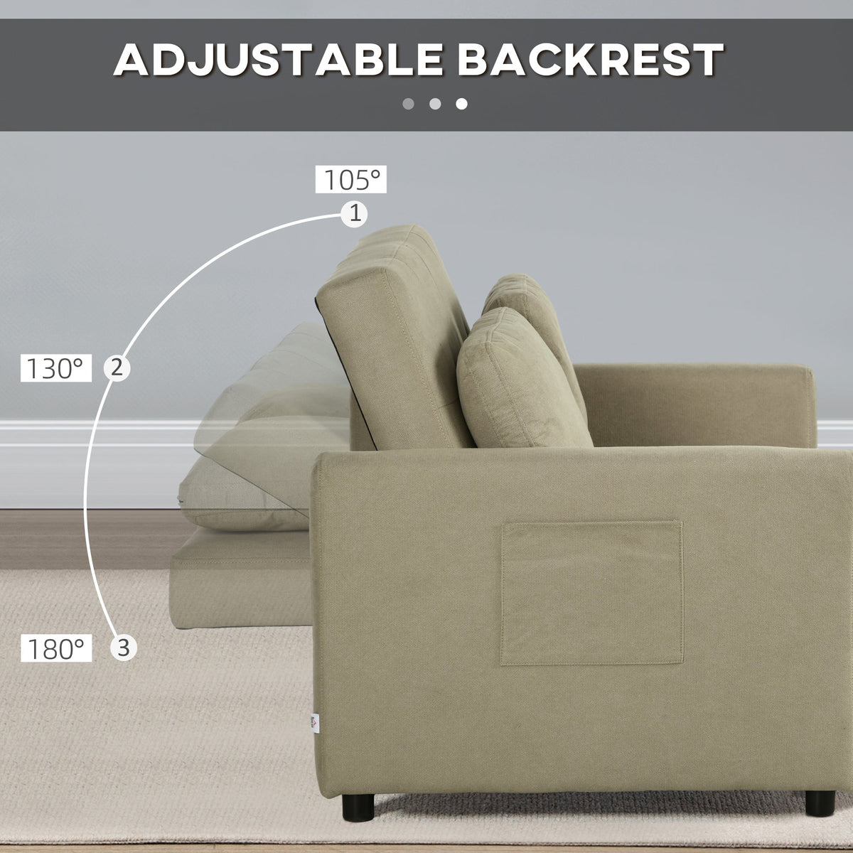 The side of the sofa showing the backrest reclining at three different angle settings