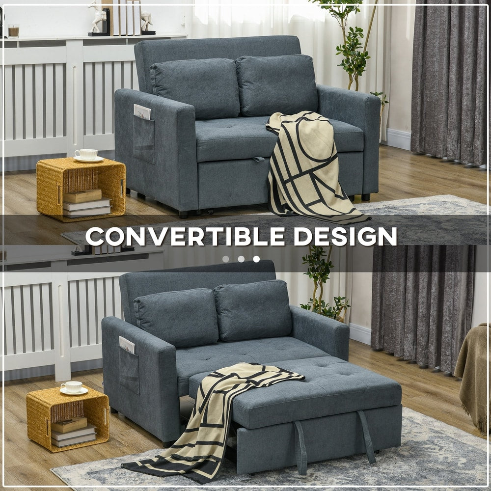 The charcoal grey loveseat sofa bed is shown in sofa and bed configurations with a throw blanket