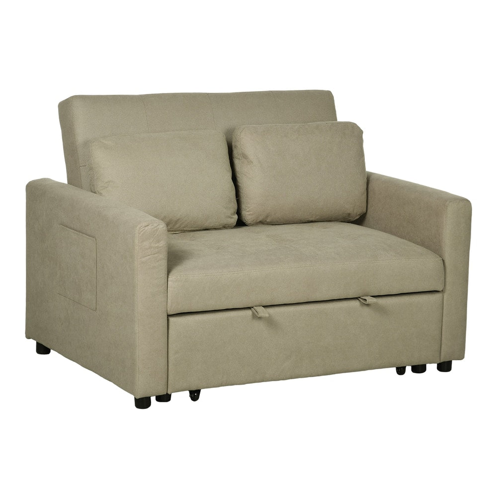 HOMCOM Loveseat Sofa Bed in light brown with two cushions and side storage pockets