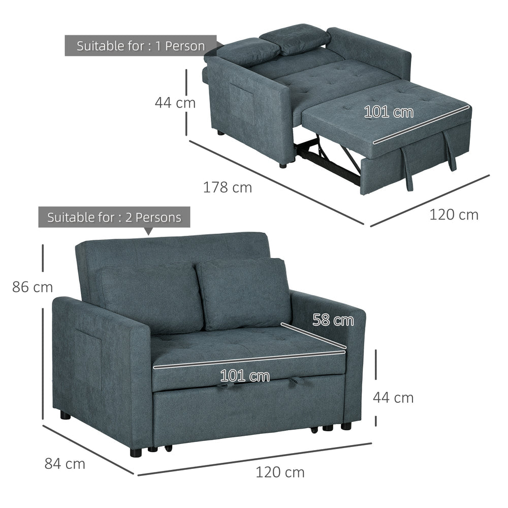 The charcoal grey loveseat sofa bed is shown with dimensions for sofa and bed modes