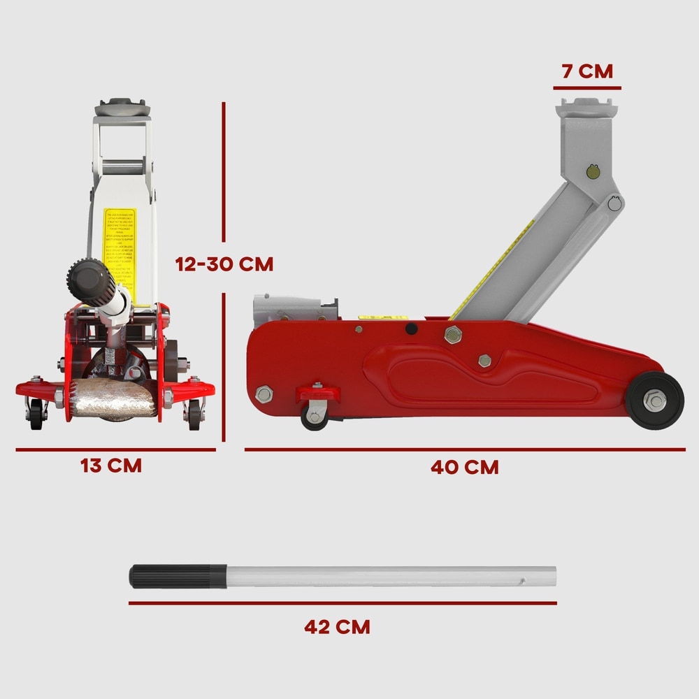 The hydraulic car jack shown from front and side angles with dimensions and the handle below