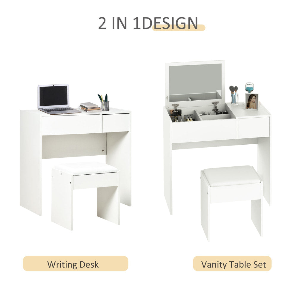 The white dressing table set shown as a writing desk and as a vanity table