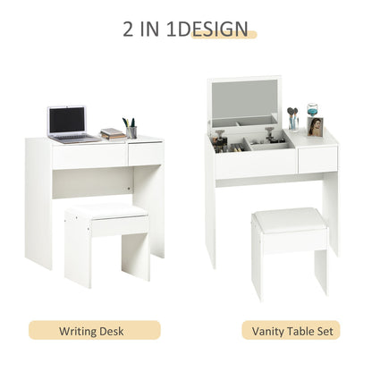 The white dressing table set shown as a writing desk and as a vanity table