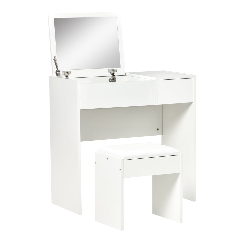 The white dressing table set with its mirror closed and stool in front