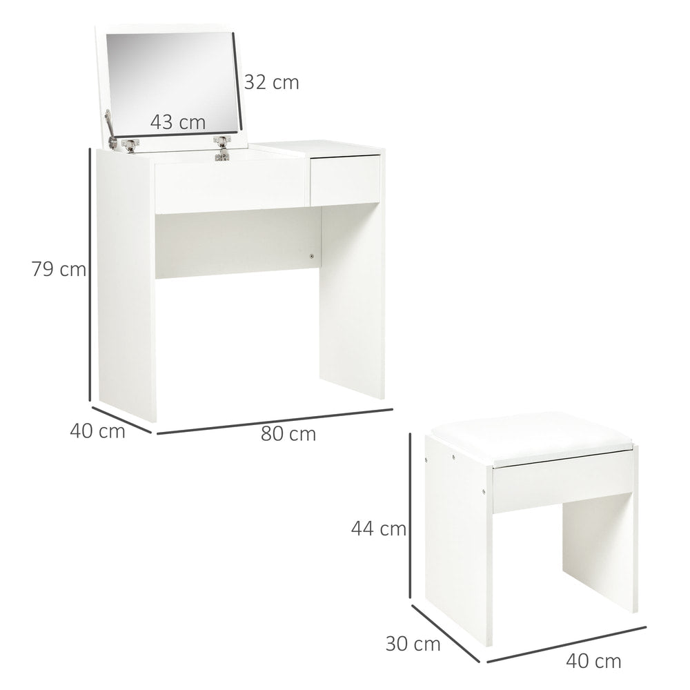 The white dressing table set with its mirror closed and stool, showing dimensions