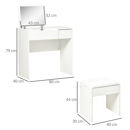 The white dressing table set with its mirror closed and stool, showing dimensions