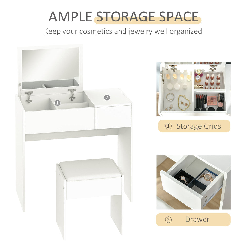 The white dressing table set with its mirror open, showing storage compartments and a drawer