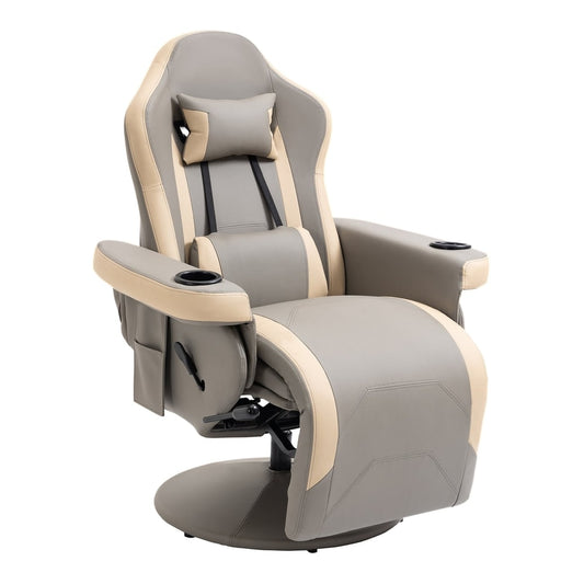 HOMCOM Manual Recliner Armchair PU Leather Lounge Chair in grey and beige with adjustable leg rest and cup holders