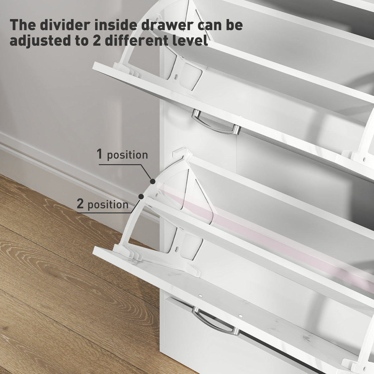 Close up of the adjustable divider inside a flip drawer of the shoe storage cabinet