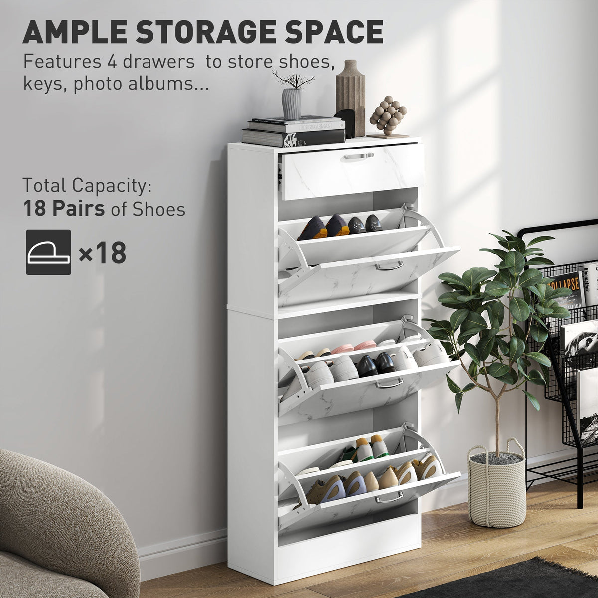 White shoe storage cabinet with marble effect flip drawers open showing shoe capacity