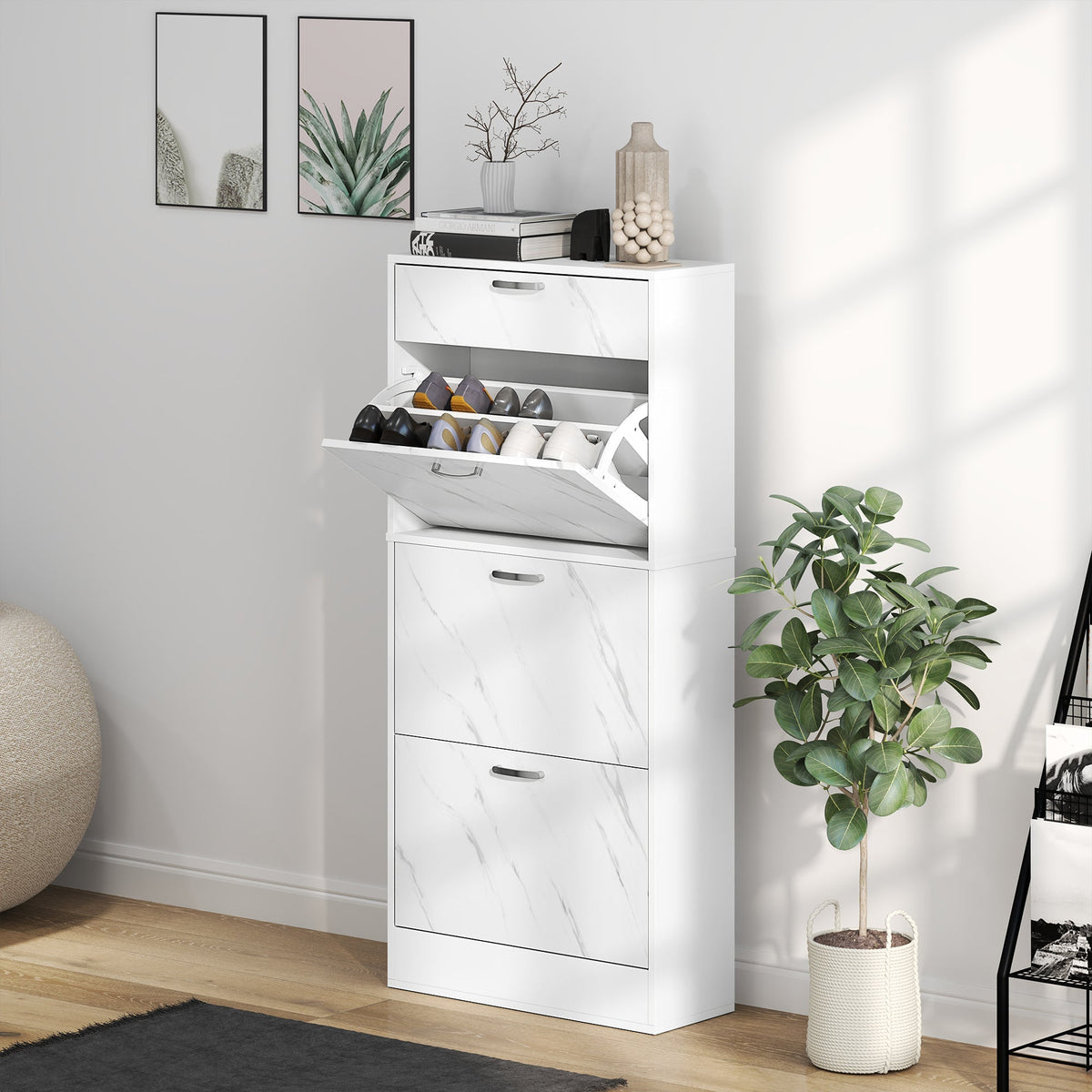 White shoe storage cabinet with marble effect flip drawers in a hallway setting