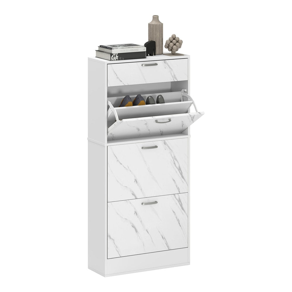 HOMCOM Marble Shoe Storage Cabinet with 3 Flip Drawers, white with marble effect drawer fronts