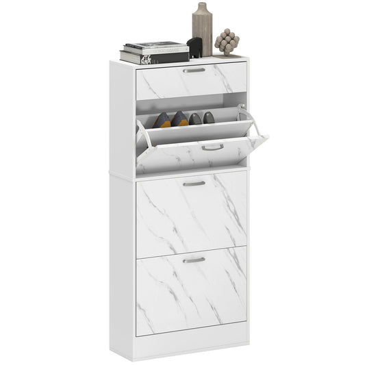 HOMCOM Marble Shoe Storage Cabinet with 3 Flip Drawers, white with marble effect drawer fronts