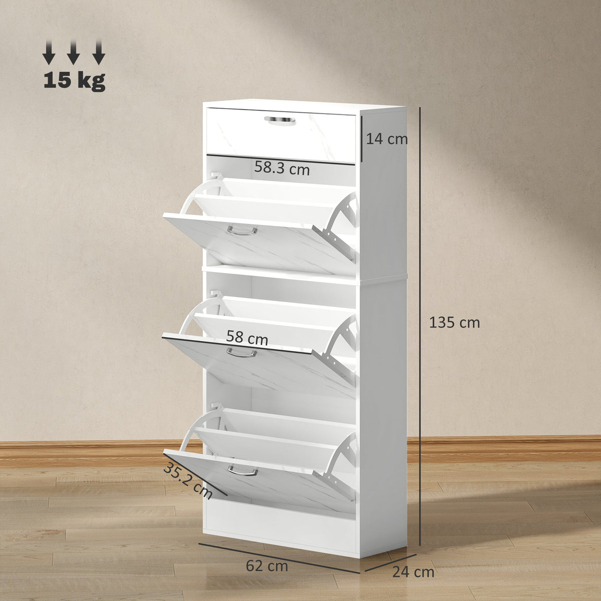 Dimensions of the white shoe storage cabinet with marble effect drawers