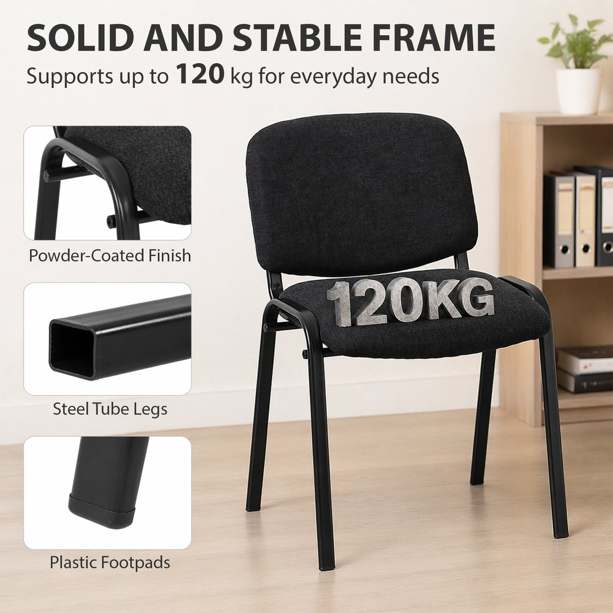 The office chair with close-up details of the steel frame, finish and footpads