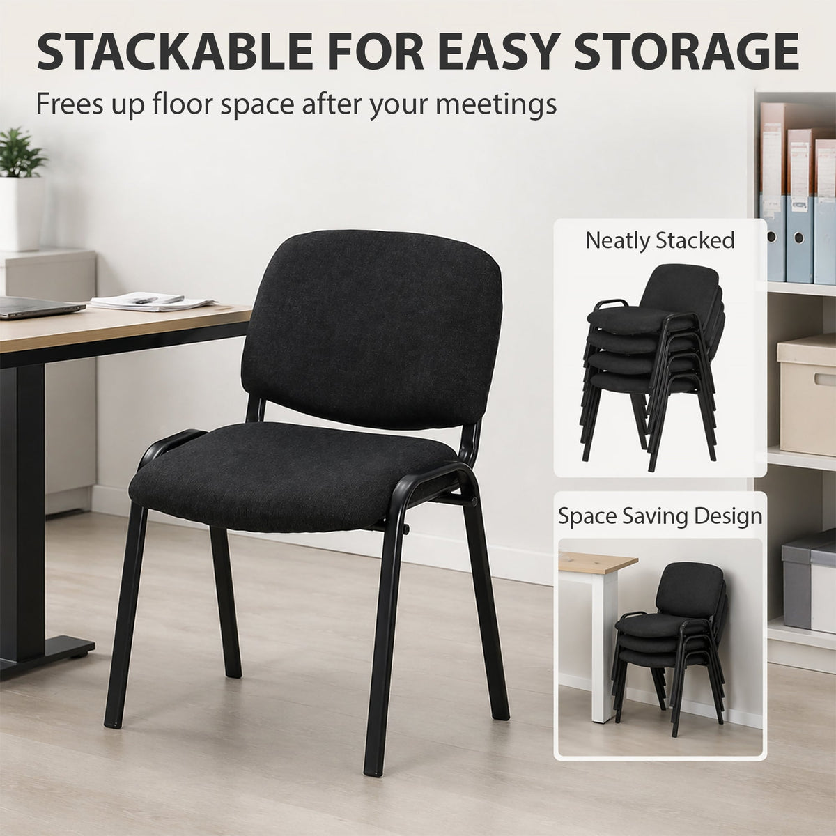 The office chair shown individually and stacked to demonstrate space saving storage