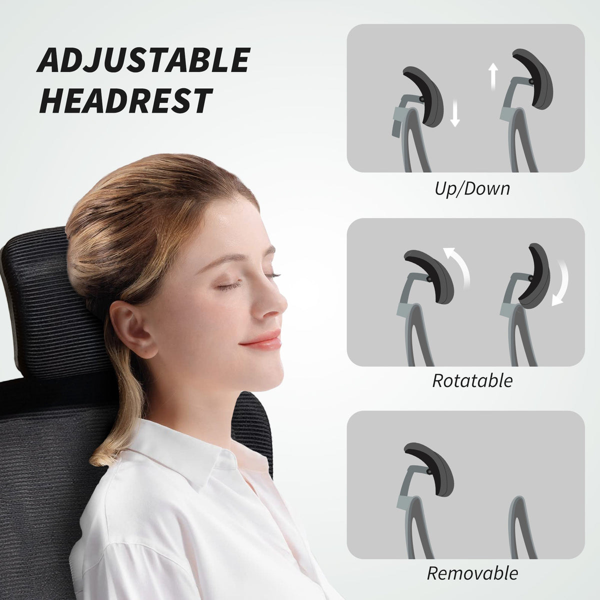 Close up of the office chair headrest showing adjustment options