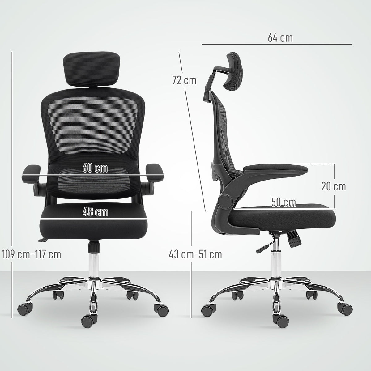 The black mesh back office chair shown with dimensions for height and width