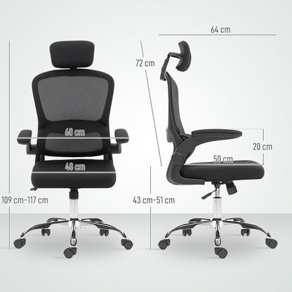 The black mesh back office chair shown with dimensions for height and width