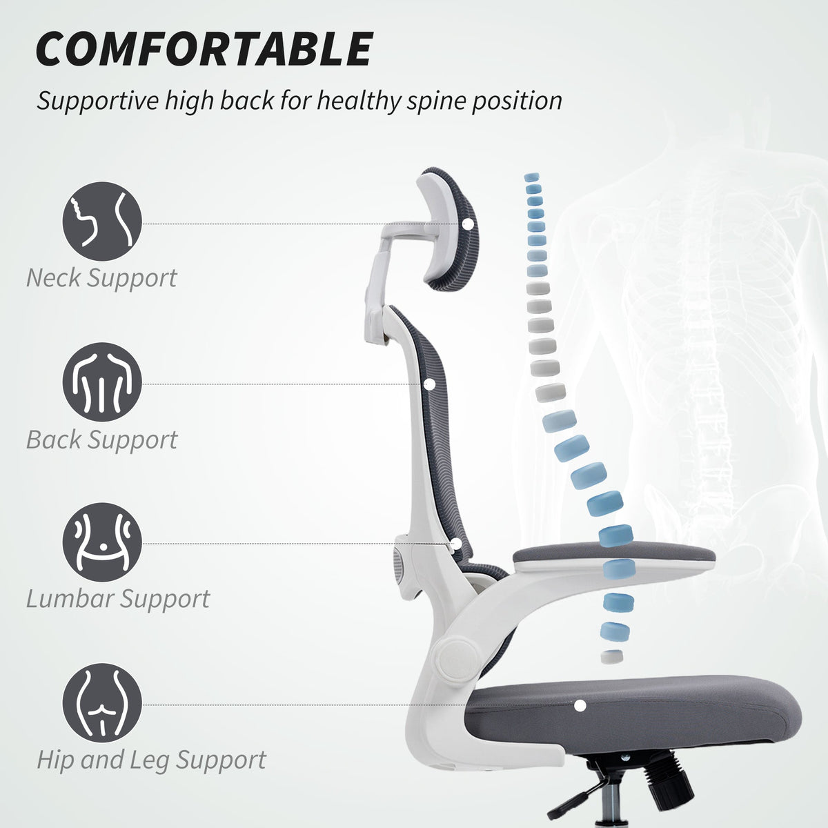 The office chair offers neck, back, lumbar and hip support