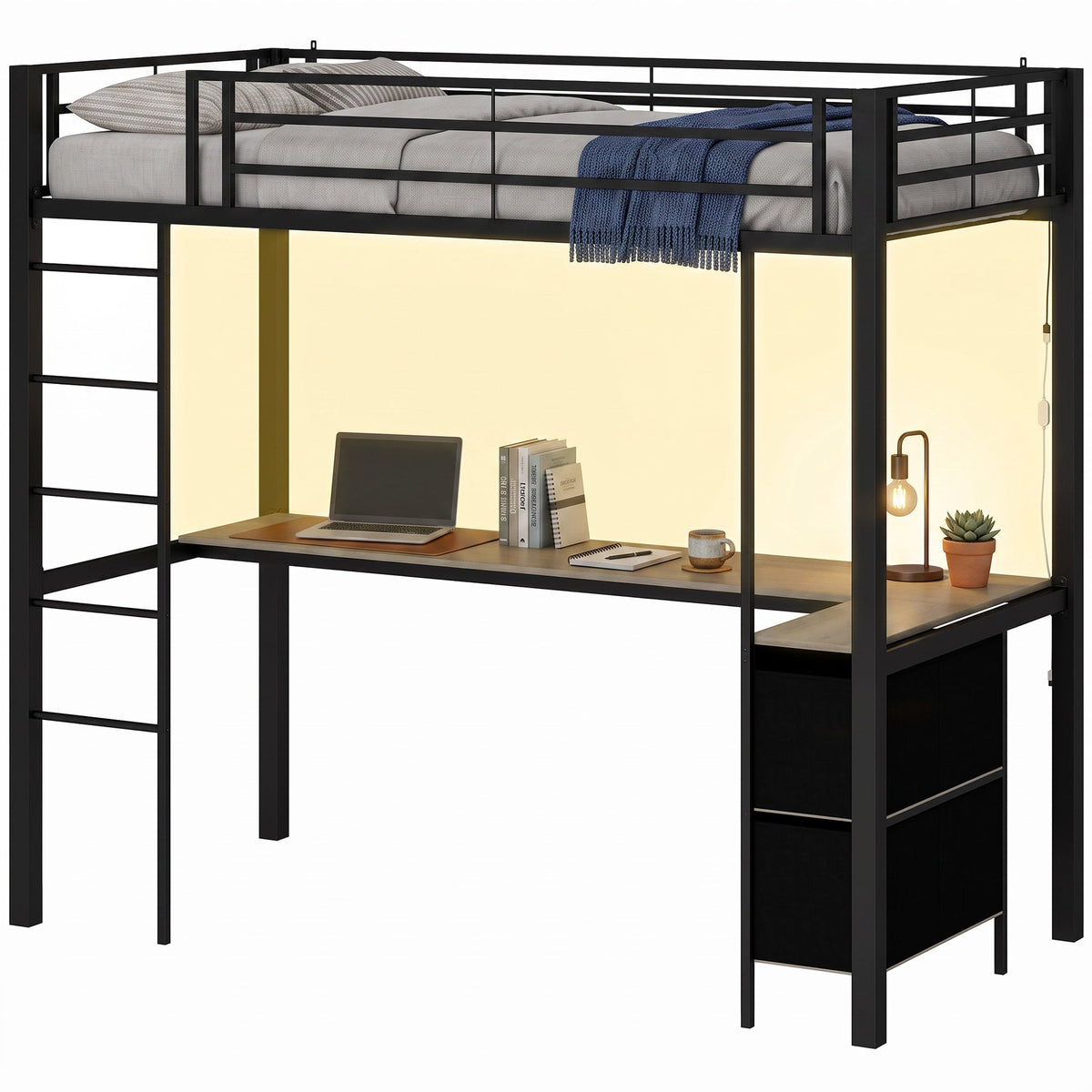 The metal bunk bed with a blue blanket on the mattress and warm yellow lighting under the frame