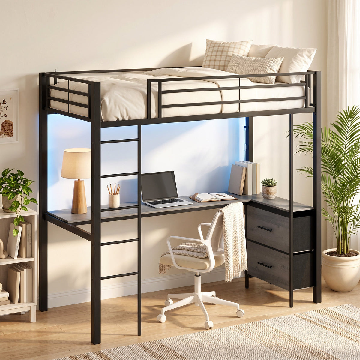 The metal bunk bed set up in a bedroom with a desk chair, bedding and glowing LED light strips