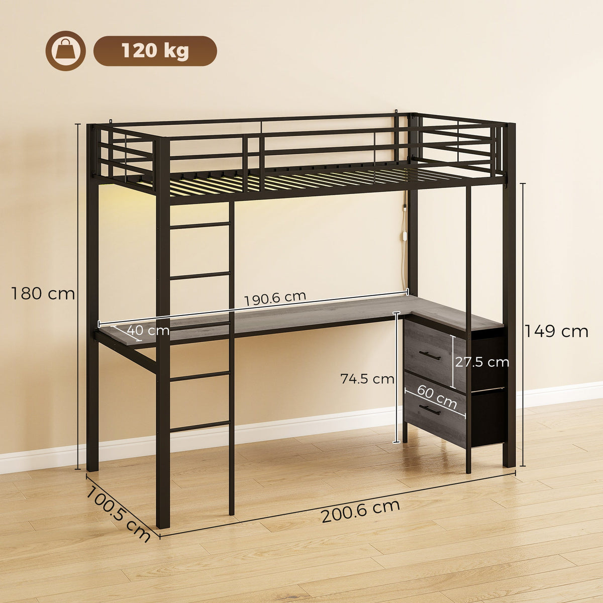 The metal bunk bed showing overall dimensions with arrows indicating height, width and depth