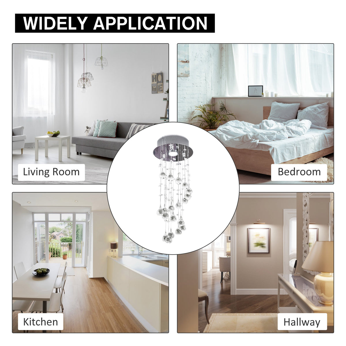 The ceiling light displayed in a collage showing its use in different home interiors