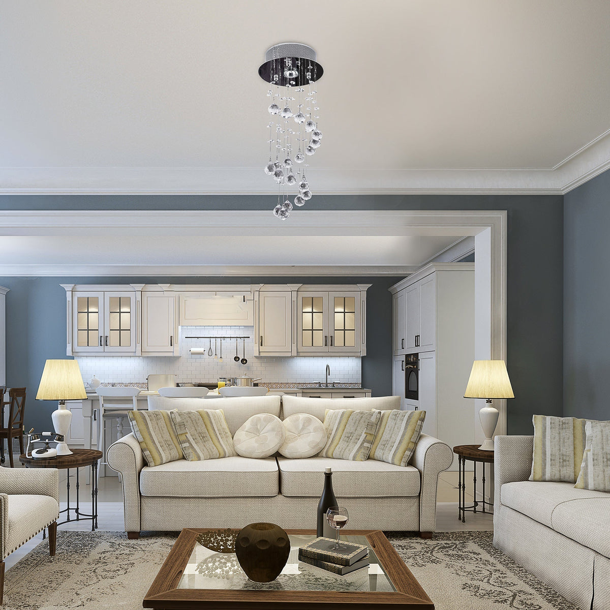 The ceiling light installed in a bright living room above a sofa and coffee table