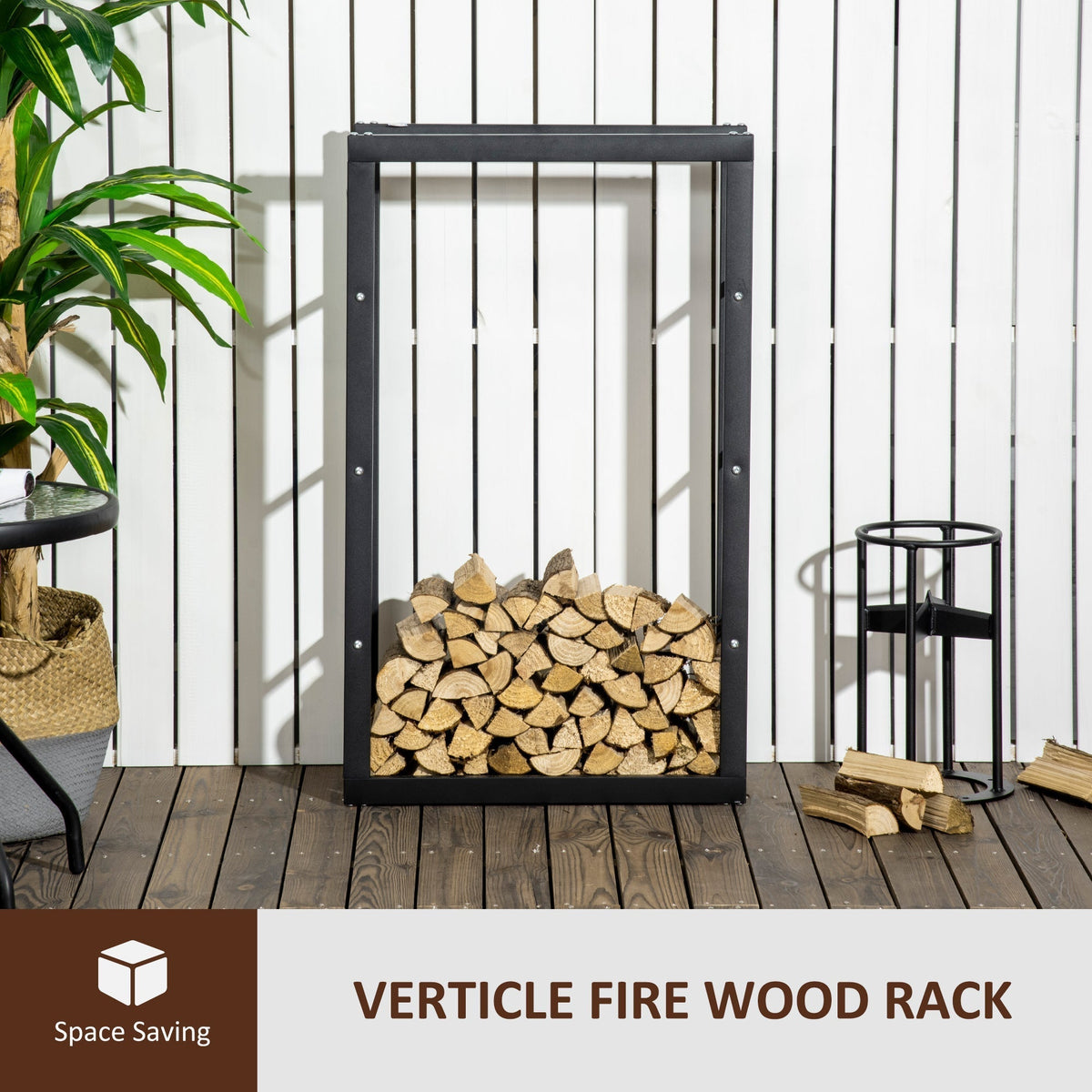 Tall firewood rack filled with logs on a wooden deck with plants