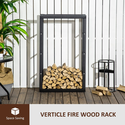 Tall firewood rack filled with logs on a wooden deck with plants