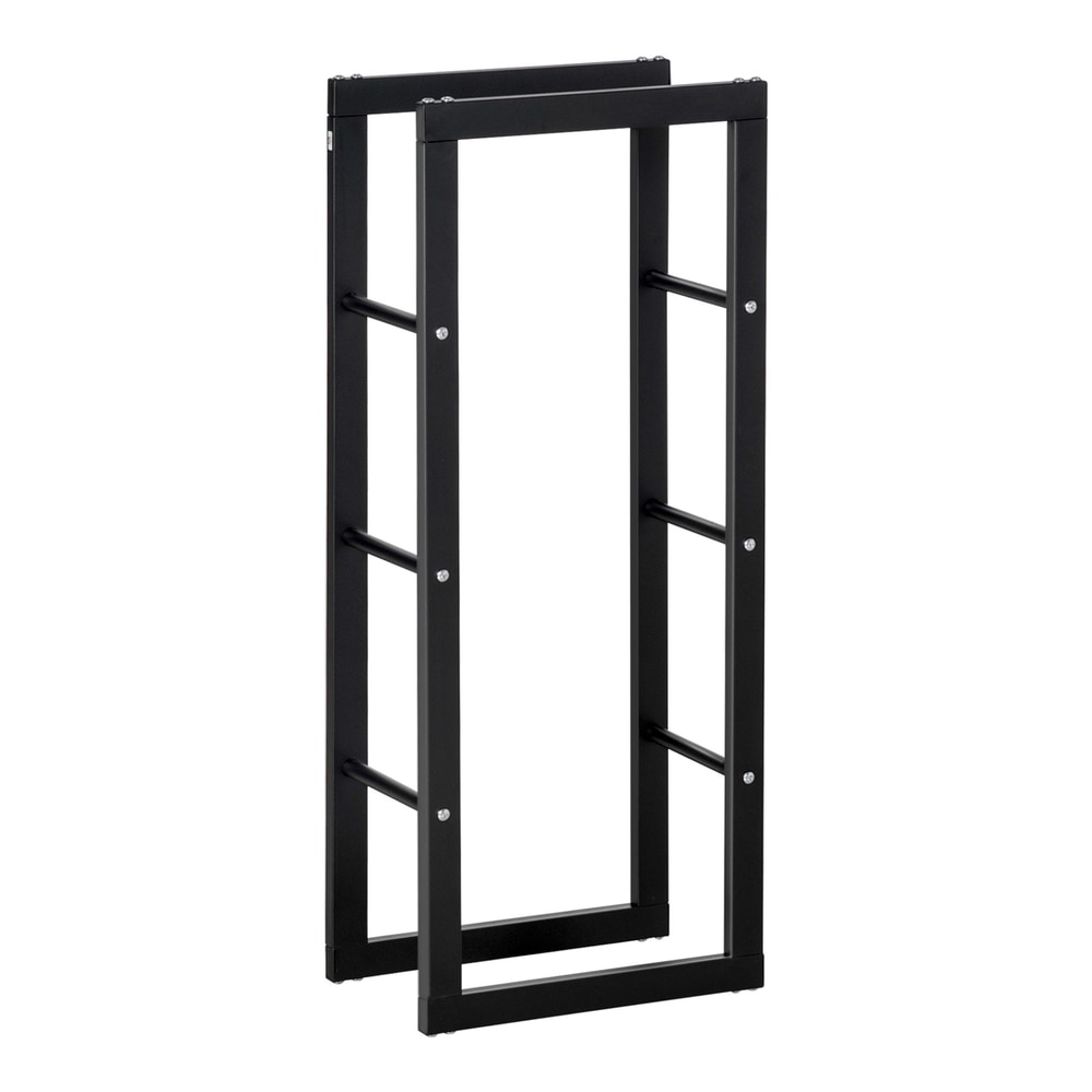 HOMCOM Metal Firewood Log Holder tall rack with side rails, shown empty