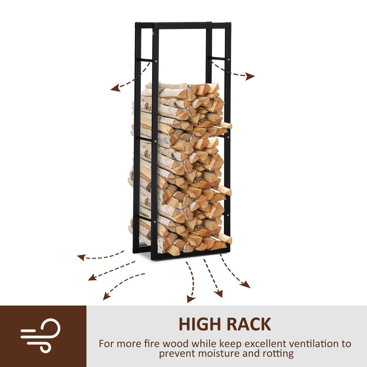 the metal log holder filled with wood showing arrows for air circulation