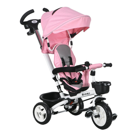 HOMCOM Metal Frame 6 in 1 Baby Push Tricycle in pink with a canopy and parent handle
