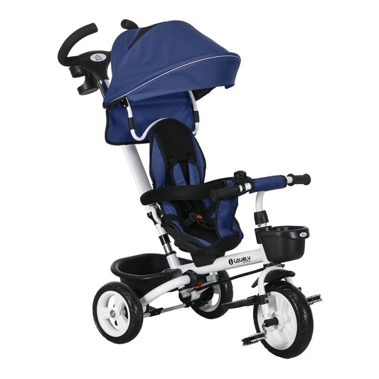 HOMCOM Metal Frame 6 in 1 Baby Push Tricycle in dark blue with a canopy and parent handle