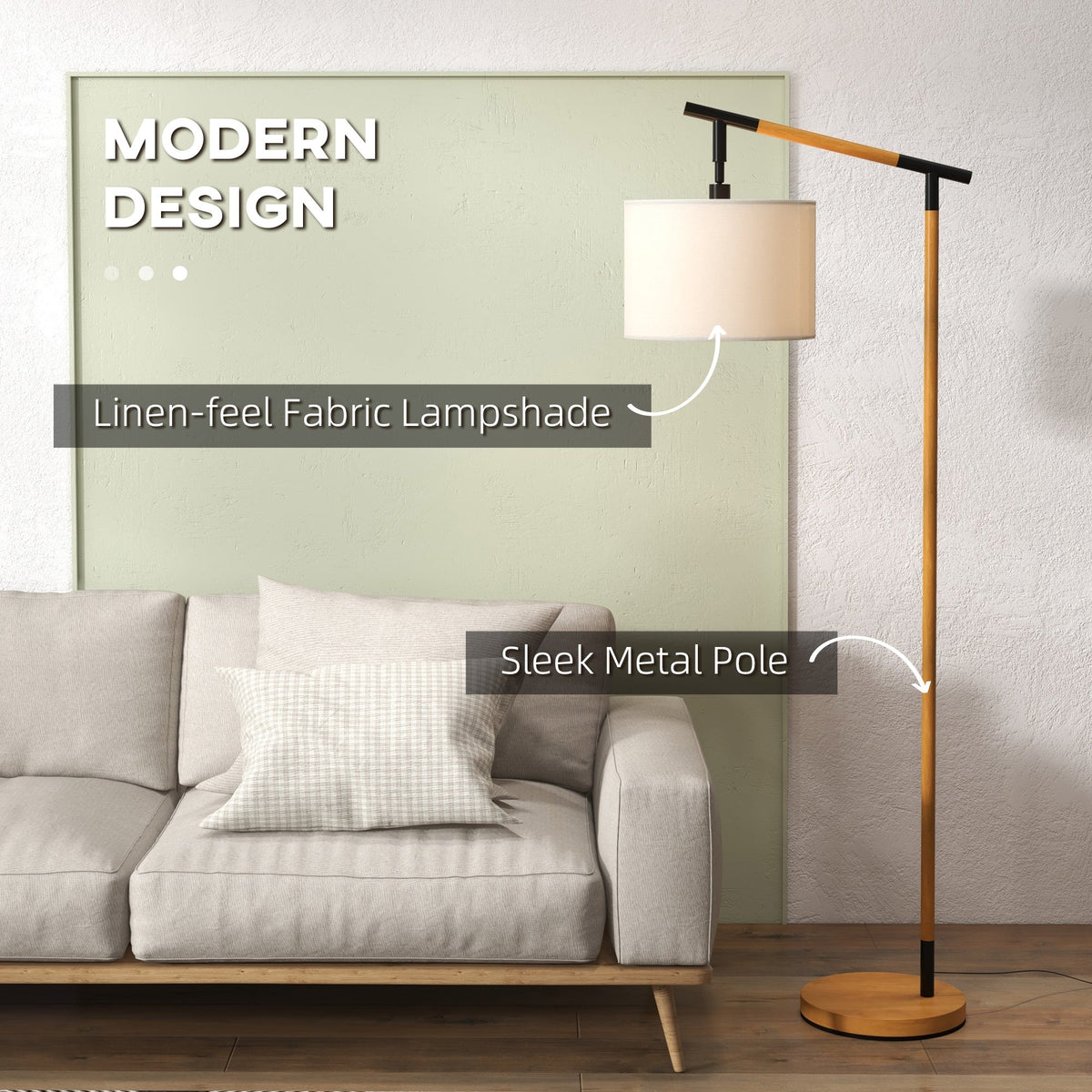 The floor lamp with a linen-feel fabric lampshade and sleek metal pole