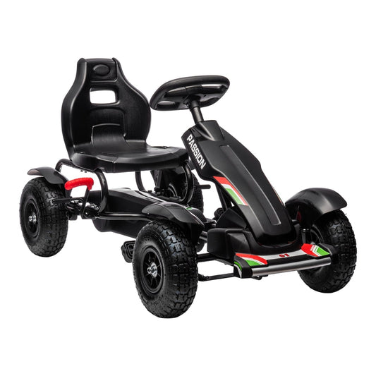 HOMCOM Metal Kids Pedal Go Kart in black with a steering wheel and four chunky inflatable tyres
