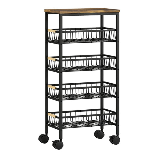 HOMCOM Metal Kitchen Trolley, a four-tier storage trolley with pull-out baskets and swivel casters