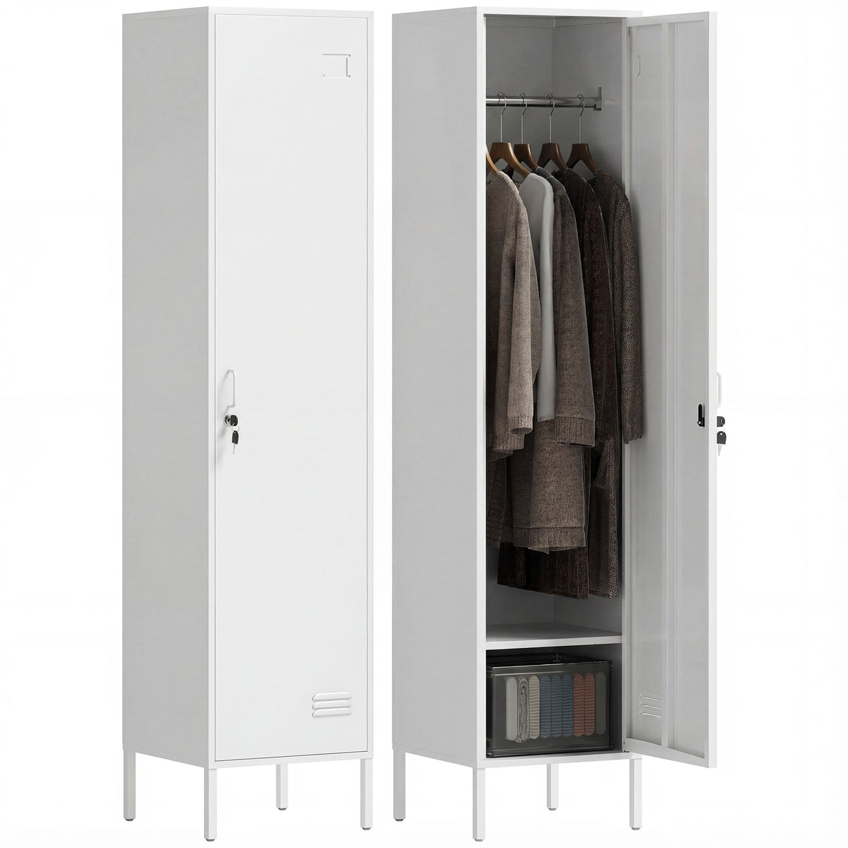 HOMCOM Metal Locker Cabinet with Hanging Rod in White